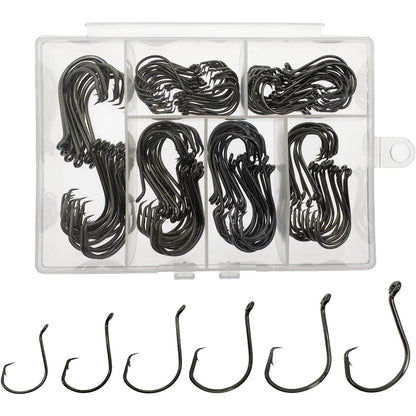 Fish Hooks for Fishing Gear Tackle, 150PCS Circle Hooks Saltwater, 6sizes Fishing Hooks Saltwater, Catfish Octopus Hook 1/0 2/0 3/0 4/0 5/0 6/0 Black High Carbon Steel with Portable Plastic Box