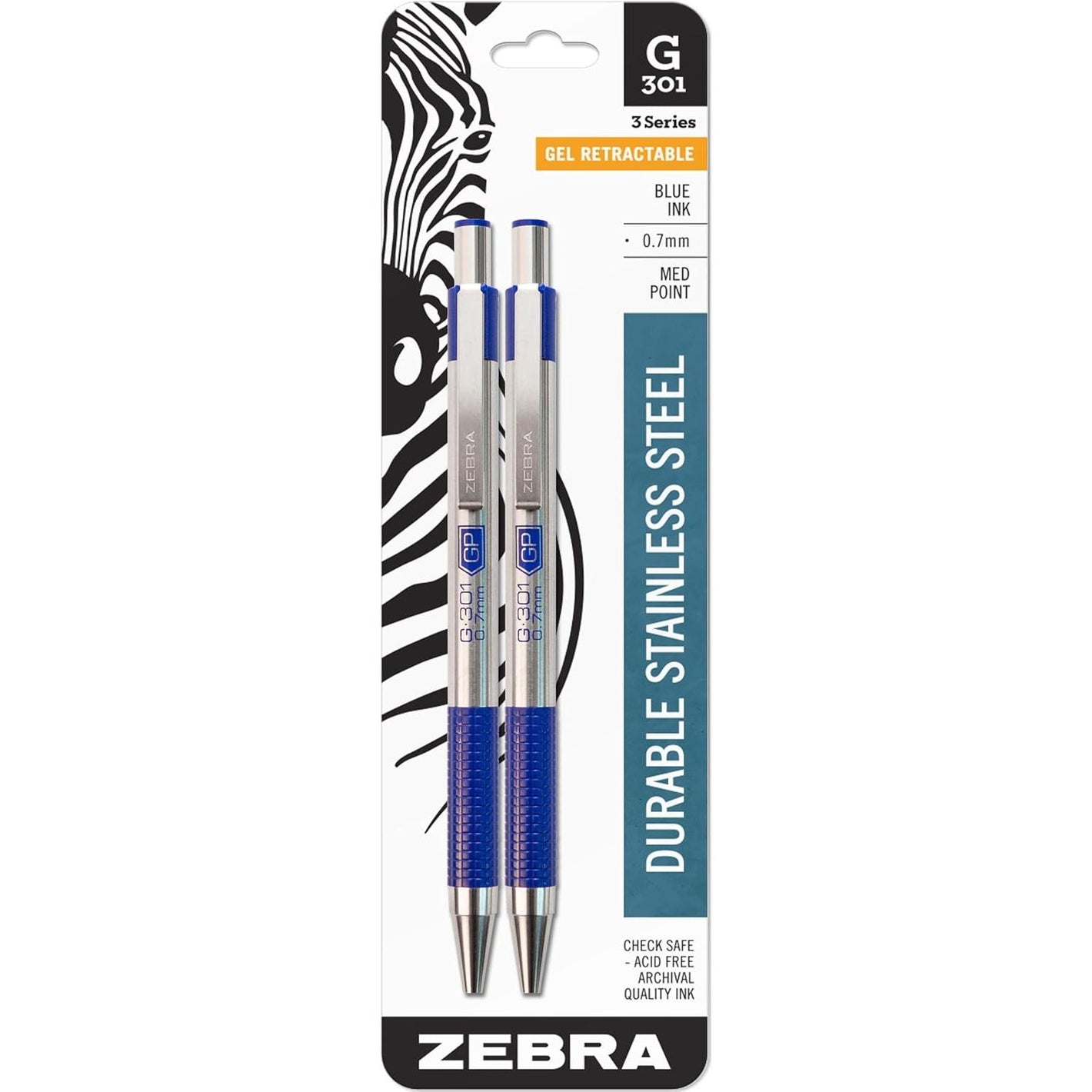 Zebra Pen G-301 Retractable Gel Pen, 0.7mm Medium Point, Stainless Steel Barrel, Ideal for Office Supplies, School Supplies & Teacher Supplies, Blue Ink, 2-Pack (41322)