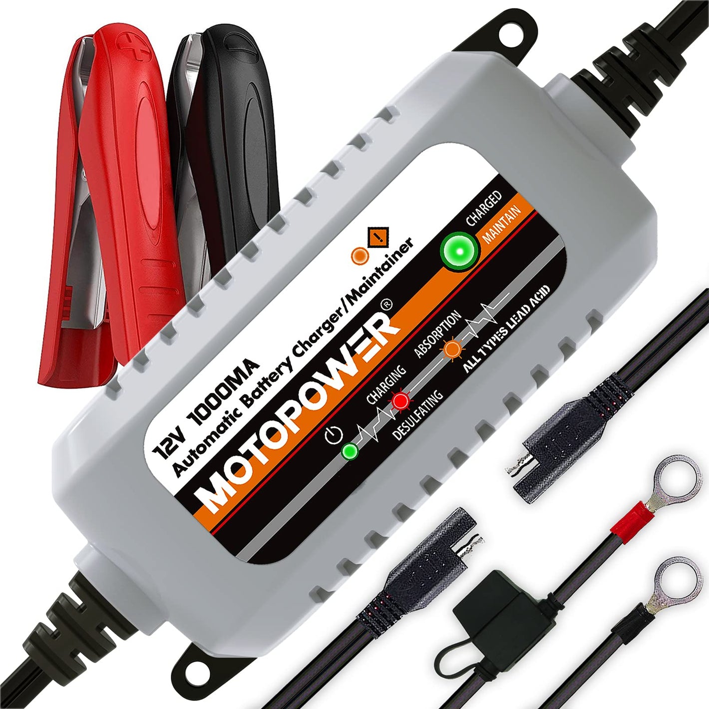 Buy now MOTOPOWER MP00205B 12V 1000mA Automatic Battery Charger, Battery Maintainer, Trickle Charger, and Battery Desulfator with Timer Protection - Grey at indiglob india