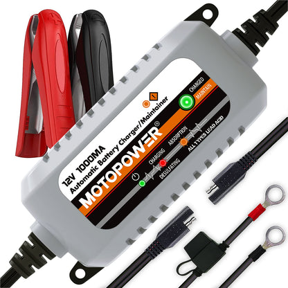 Buy now MOTOPOWER MP00205B 12V 1000mA Automatic Battery Charger, Battery Maintainer, Trickle Charger, and Battery Desulfator with Timer Protection - Grey at indiglob india