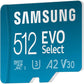 SAMSUNG EVO Select Micro SD-Memory-Card + Adapter, 512GB microSDXC 130MB/s Full HD & 4K UHD, UHS-I, U3, A2, V30, Expanded Storage for Android Smartphones, Tablets, Nintendo-Switch (MB-ME512KA/AM)