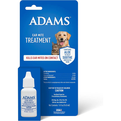 Adams Ear Mite Treatment for Dogs and Cats Over 12 Weeks, Kills Ear Mites On Contact, Relief for Dogs and Cats Suffering from Ear Mites, Soothing Aloe and Lanolin Formula .5 Fl Oz