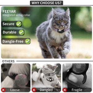 Reflective AirTag Cat Collar, FEEYAR Integrated Air Tag Cat Collar for Apple, Leather GPS Cat Collar with AirTag Holder and Bell [Purple], Tracker Cat Collars for Girl Boy Cats, Kittens and Puppies