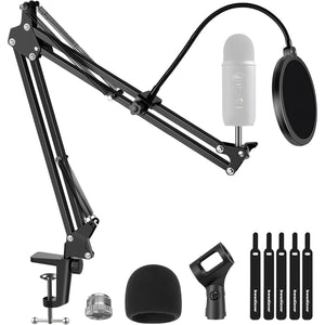 InnoGear Mic Stand for Blue Yeti, Heavy Duty Microphone Stand with Microphone Windscreen and Dual Layered Mic Pop Filter Suspension Boom Scissor Arm Stands for Blue Spark and Other Mics, Medium