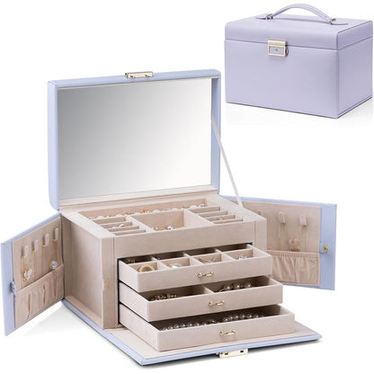 Vlando Jewelry Box Organizer for Girls Women, Large Baroque Jewelry Holder Organizer with Mirror, 3 Drawers for Bracelets, Earrings, Rings, Necklaces, Mothers Day for Loved One, Pink