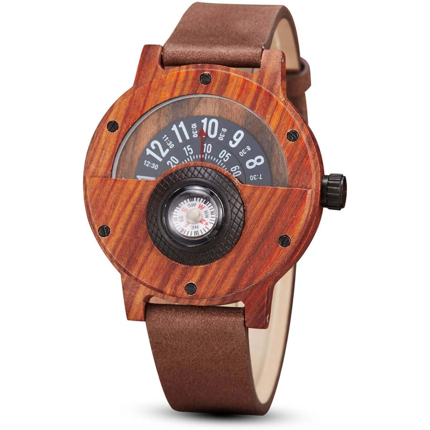Men's Handmade Wooden Watches Mens Lightweight Analog Quartz Wood Mens Wrist Watch with Compass
