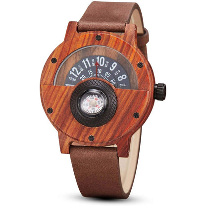 Men's Handmade Wooden Watches Mens Lightweight Analog Quartz Wood Mens Wrist Watch with Compass
