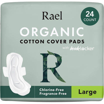 Rael Pads for Women, Organic Cotton Cover - Period Pads with Wings, Feminine Care, Sanitary Napkins, Heavy Absorbency, Unscented (Large, 24 Count)