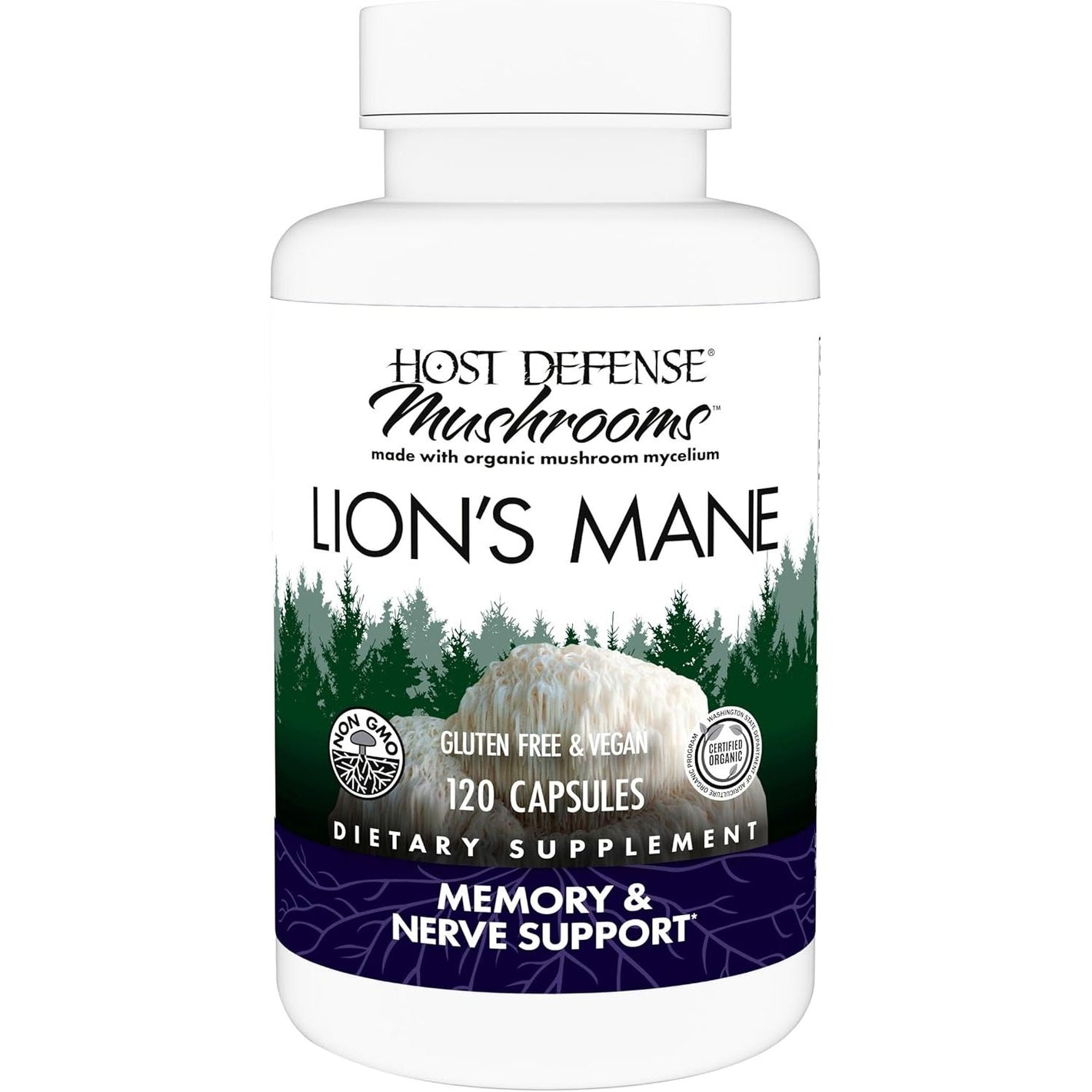 Host Defense Mushrooms Lion's Mane - Supplement Capsules for Brain Health Support - Mushroom Support for Focus & Memory Function - Immune & Nervous System Supplement - 120 Capsules (60 Servings)*