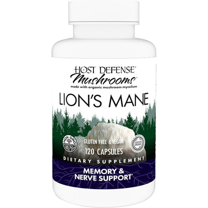 Host Defense Mushrooms Lion's Mane - Supplement Capsules for Brain Health Support - Mushroom Support for Focus & Memory Function - Immune & Nervous System Supplement - 120 Capsules (60 Servings)*
