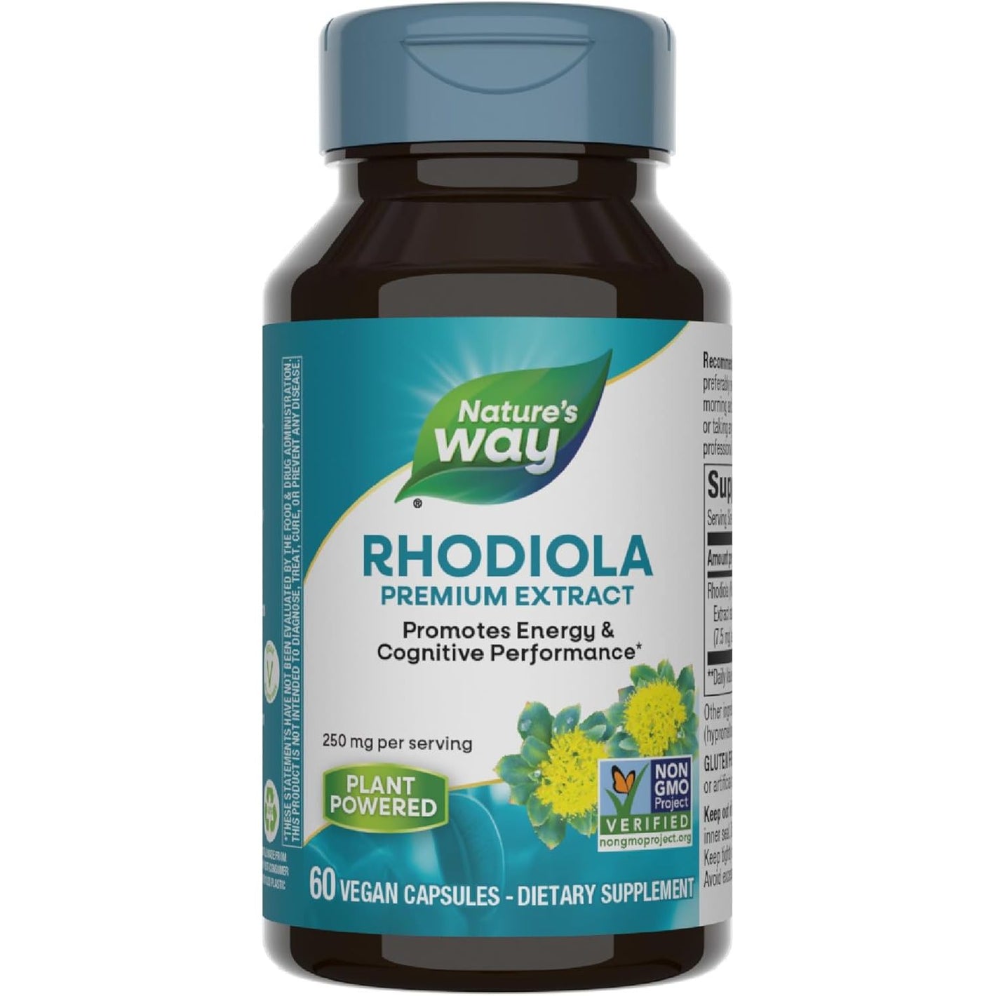Nature's Way Rhodiola Premium Extract, 250 mg per serving, Supports Energy & Cognitive Performance*, Adaptogenic Herb*, Non-GMO Project Verified, Vegan, Gluten Free, 60 Capsules (Packaging May Vary)