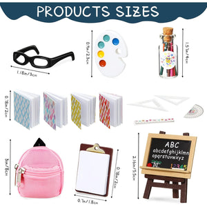 Chalyna Zomiboo 14 Pcs Mini Doll School Supplies Miniature Dollhouse Stuff Accessories for 11.5 Inch Doll DIY Toy Set Include Miniature Book Backpack Glasses Blackboard Pencil Ruler(Chic Style)