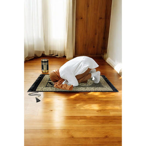 ihvan online Muslim Prayer Rug and Prayer Beads with Elegant Design Cylinder Gift Box, Janamaz, Sajadah, Soft Islamic Gifts Set, Carpet Mat, Taffeta Fabric, Black