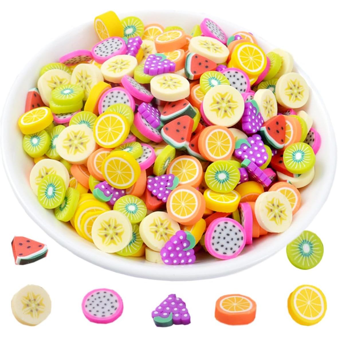 100 Pack Fruit Slime Charms Resin Flatbacks Buttons Polymer Clay Beads for Miniature Fairy Garden Hair Accessories DIY Scrapbooking Phone Case (Multi)