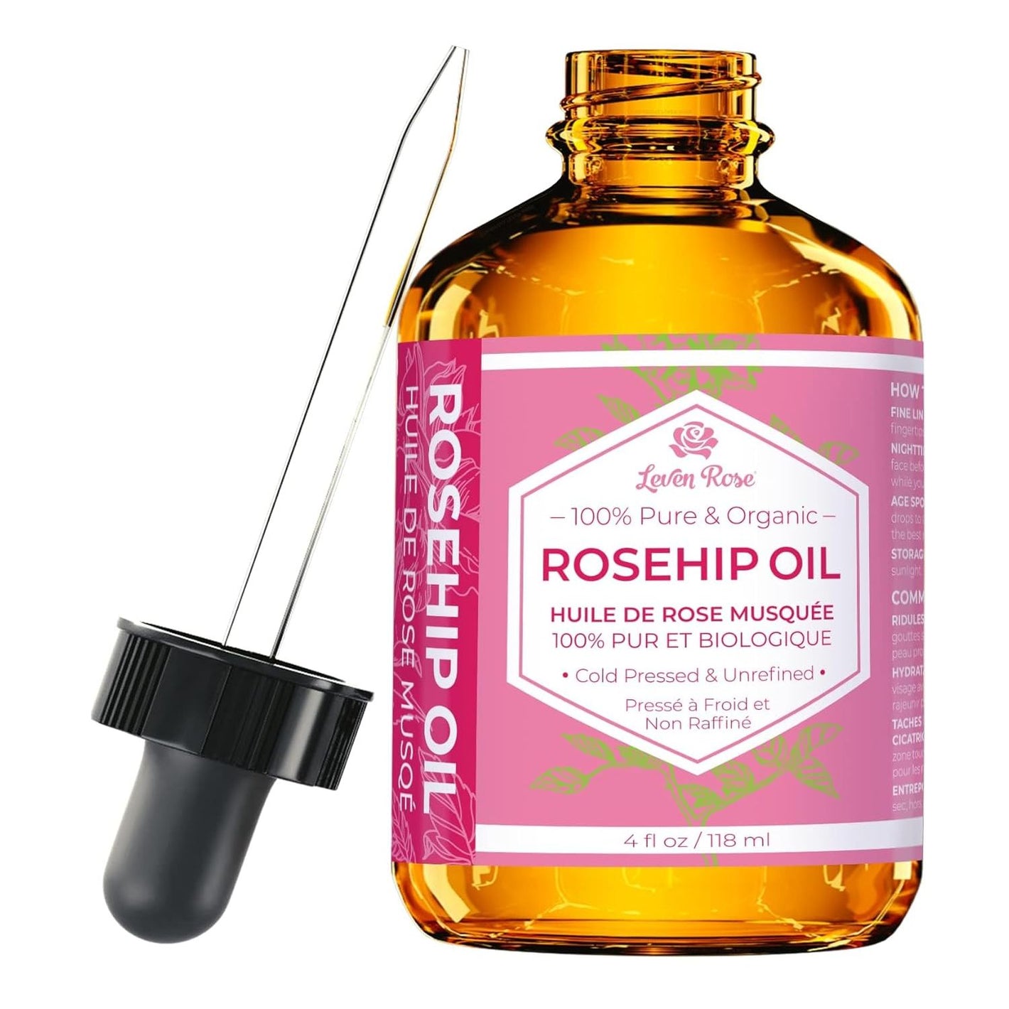 Leven Rose Rosehip Seed Oil for Face 1 oz - Pure Rosehip Oil for Face - Unrefined Cold Pressed Rosehip Oil for Body - Nighttime Face Moisturizer for Hair, Skin & Nails