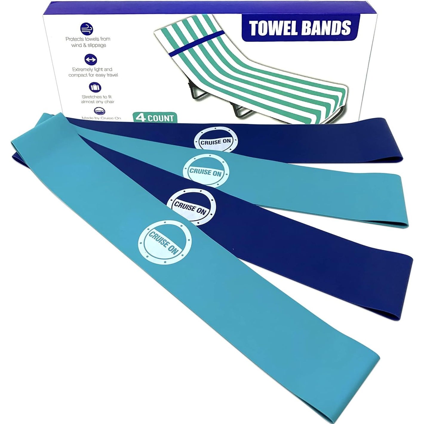 Cruise On Towel Bands for Cruise Chairs (4 Pack), Better Alternative to Towel Clips for Beach, Pool & Ships, Essential for 2026 & 2027 Trips, Secure & Stylish, Blue & Teal