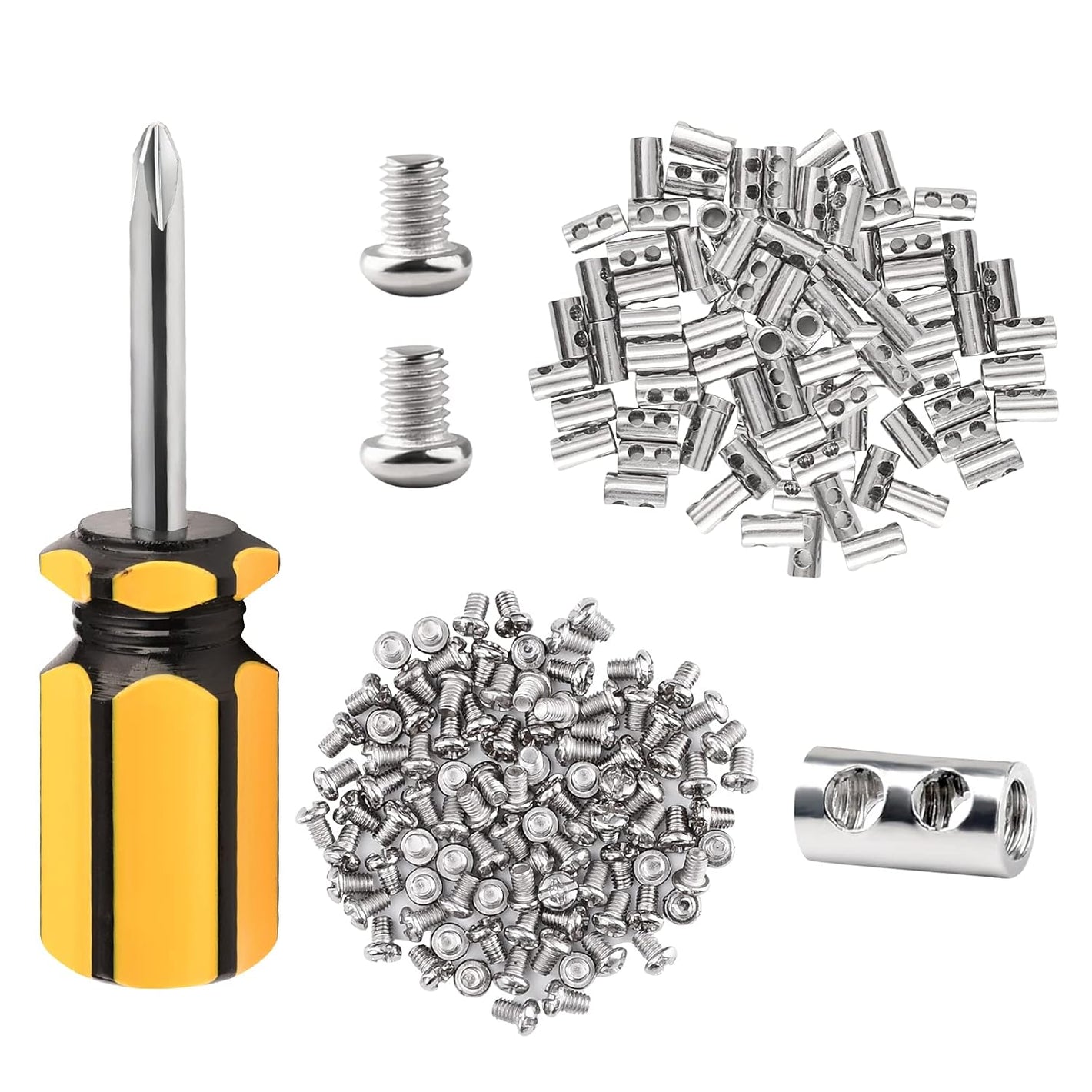 100PCS Wire Rope Clips Clamp Adjustable Wire Rope Grips for 1-2 mm Diameter Wire Rope and Cable Wire Rope Lock with End Screw Stopper and Screwdriver I Shaped Wire Rope Clamp