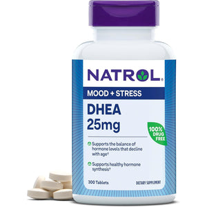Natrol Mood & Stress DHEA 25mg with Calcium, Dietary Supplement for Balance of Certain Hormone Level and Mood Support, 300 Tablets, 300 Day Supply