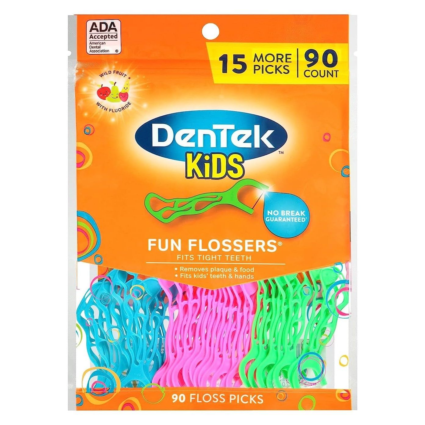 DenTek Fun Flossers – Kids Floss Picks with Wild Fruit Flavor, 90 Count