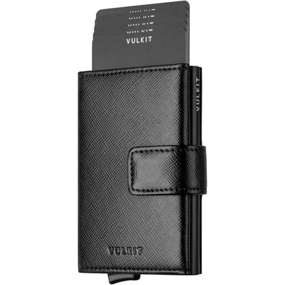 VULKIT RFID Card Wallet for Men, Slim Compact Men's Wallet, Leather RFID Blocking Credit Card Holder Wallet, Trifold Thin Metal Security Pop Up Wallet, Gift Box Packing
