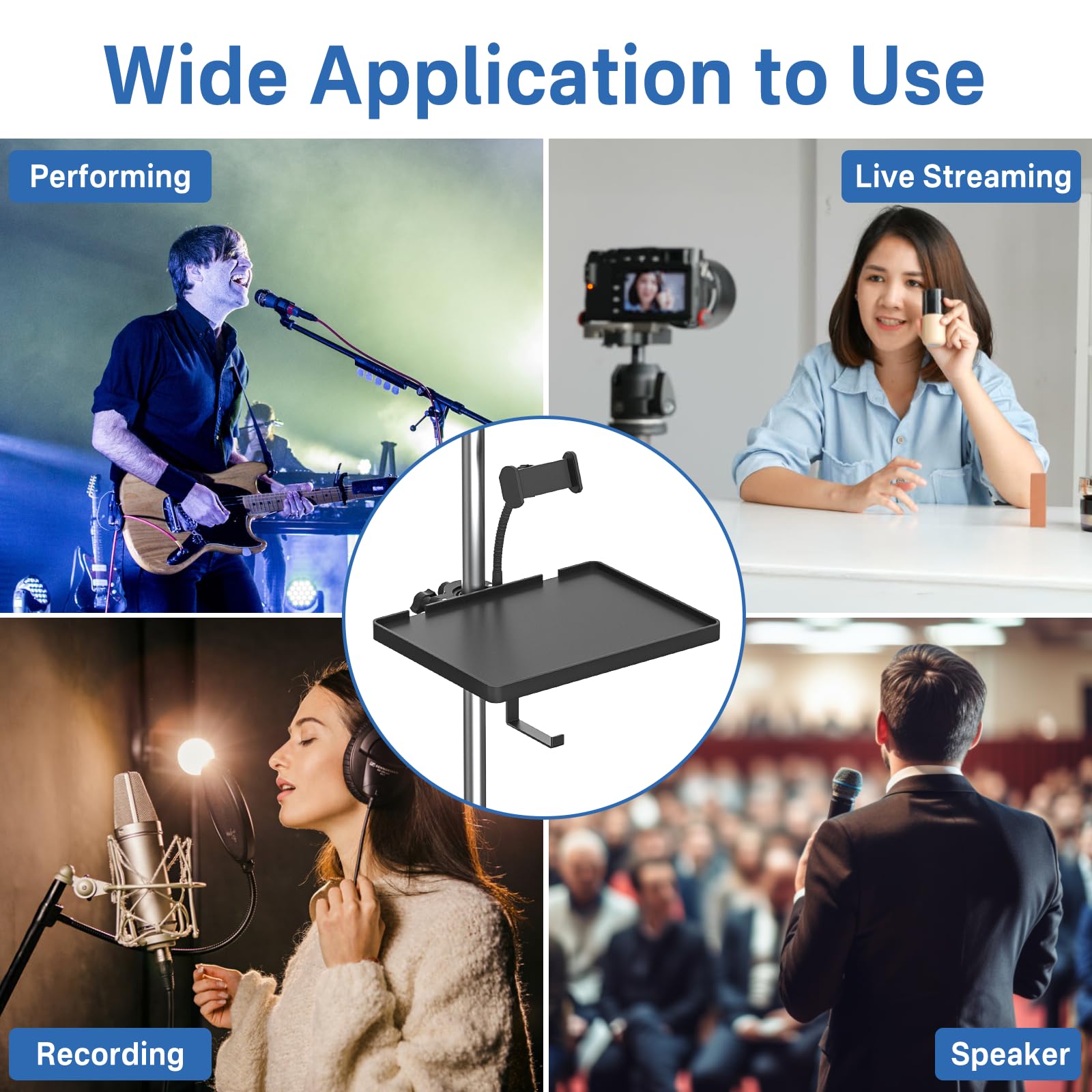 Buy now Functional Microphone Stand Tray with Adjustable Mic Stand Phone Holder - 8.7"x6.5" Mic Stand Tray Shelf Clamp-On Music Stand Accessory for Live Streaming Karaoke Recording at indiglob india