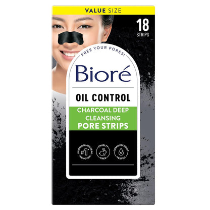 Biore Charcoal Deep Cleansing Pore Strips, Nose Strips for Blackhead Removal on Oily Skin, Features C-Bond Technology with Instant Pore Unclogging, 18 Count