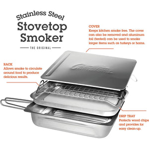 Camerons Large Stovetop Smoker - Stainless Steel BBQ Smoker Box w/Hickory & Oak Wood Chips & Recipe Guide - Indoor Outdoor Use on Any Heat for Smoking Meats, Veggies & Seafood - Grilling Gift for Men