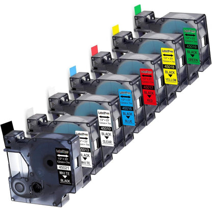 7-Pack Replace DYMO D1 Label Tape 45010 45013 45016 45017 45018 45019 45021 D1 Refills Compatible DYMO LabelManager 160 280 420P PnP 220P 360D 450 210D, 1/2” W x 23’ L, 12mm x 7m
