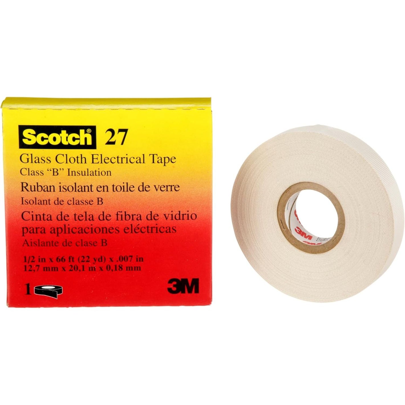 3M Glass Cloth Electrical Tape 27, ½ in x 66 ft, 1 Roll, Non-Corrosive Adhesive, Pressure Sensitive, High Temperature, Corrosion Protection, 7-mil Woven