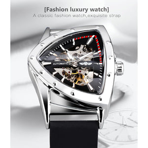FORSINING Skeleton Watches for Men, Automatic Mechanical Watch with Triangle Dial, Luminous Self Winding Watches Stainless Steel Bracelet or Soft Silicone Strap