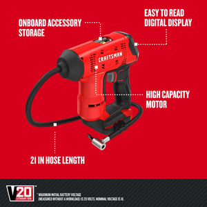 Buy now CRAFTSMAN V20 Air Compressor Portable, Cordless Tire Inflator, Up To 150 PSI Tire Pump, with Digital Pressure Gauge, Tool Only (CMCE521B) at indiglob india