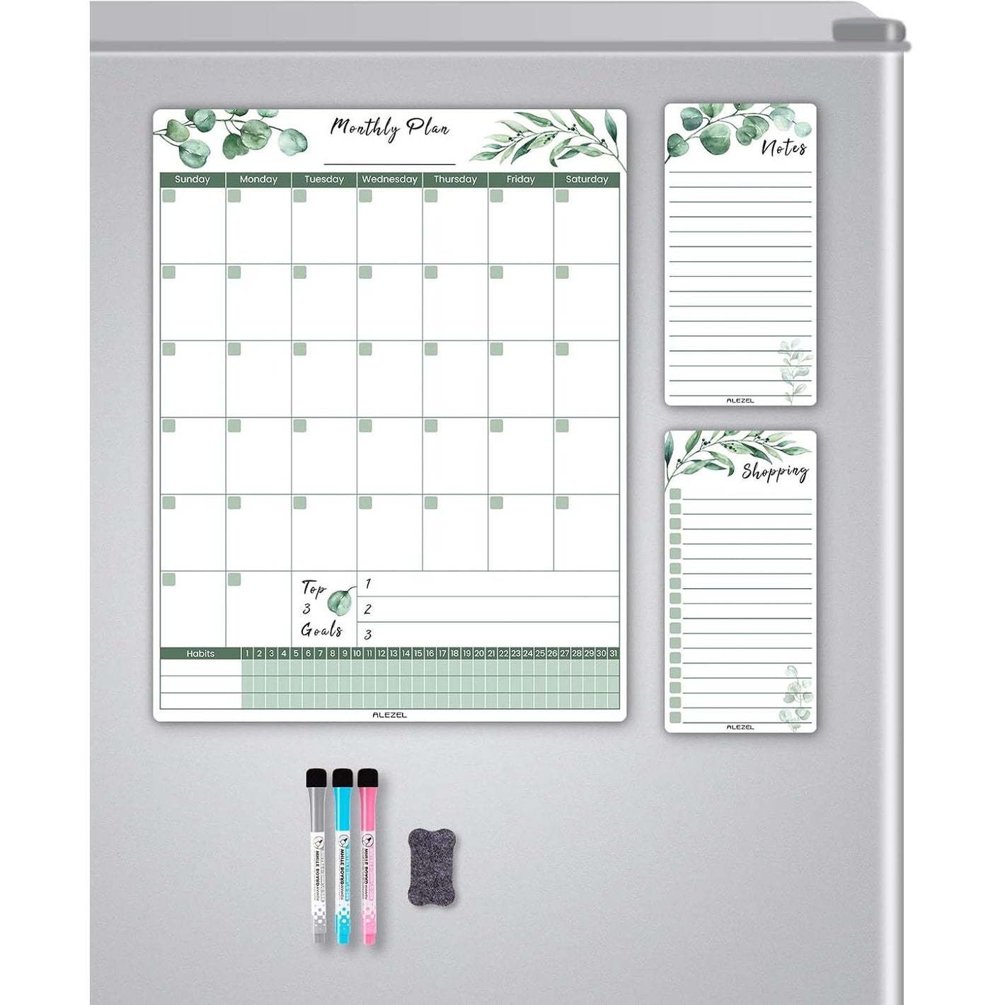 Magnetic Dry Erase Calendar for Fridge, Greenery Monthly Fridge Calendar Whiteboard Set - Vertical Monthly Calendar for Refrigerator, Grocery & to Do List White Board, 3 Markers + Eraser