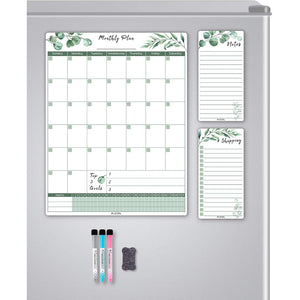 Magnetic Dry Erase Calendar for Fridge, Greenery Monthly Fridge Calendar Whiteboard Set - Vertical Monthly Calendar for Refrigerator, Grocery & to Do List White Board, 3 Markers + Eraser