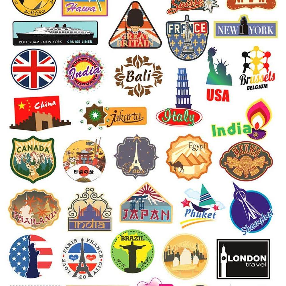 100pcs Travel Map Stickers World Famous Tourism Country Regions Logo Waterproof Tourist Wonders Stickers National Flag Idea for Luggage Skateboard Laptop Luggage Suitcase Book Covers - My Store