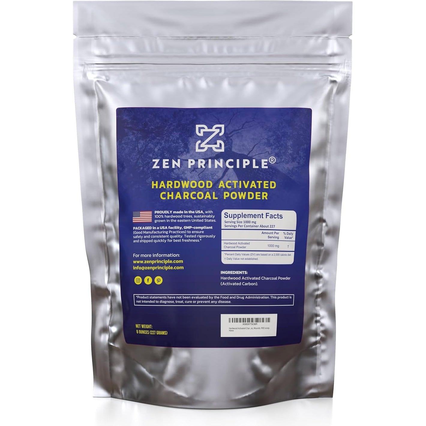Zen Principle Hardwood Activated Charcoal Powder 100 Percent from USA Trees. All Natural. Whitens Teeth, Rejuvenates Skin and Hair, Supports Better Digestion, 8 oz.