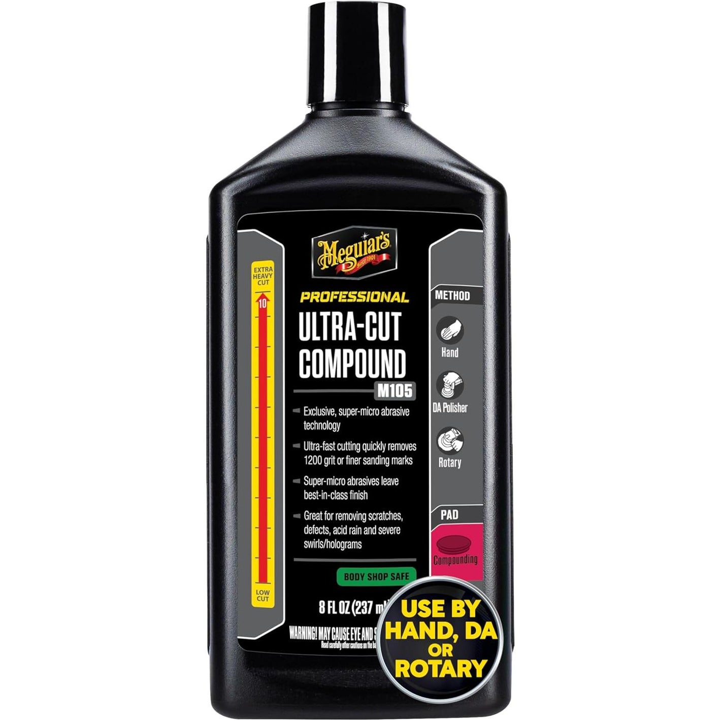 Meguiar's Mirror Glaze M105 Ultra-Cut Compound, Car Rubbing Compound for Removing Scratches and Heavy Swirls While Adding Shine, Safe and Effective on All Glossy Car Paint and Clear Coats, 8 oz