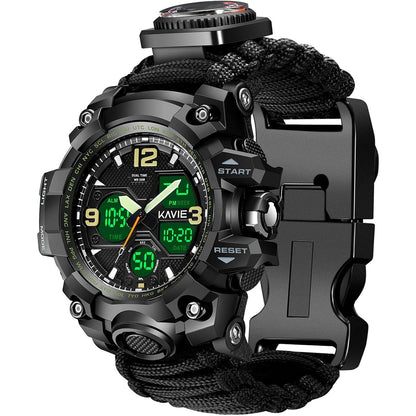 23-in-1 Survival Military Digital Watch, Mens Tactical Multi-Functional and Adjustable Wristband Outdoors Waterproof Sports Dual Dial Watches with Compass Paracord Band