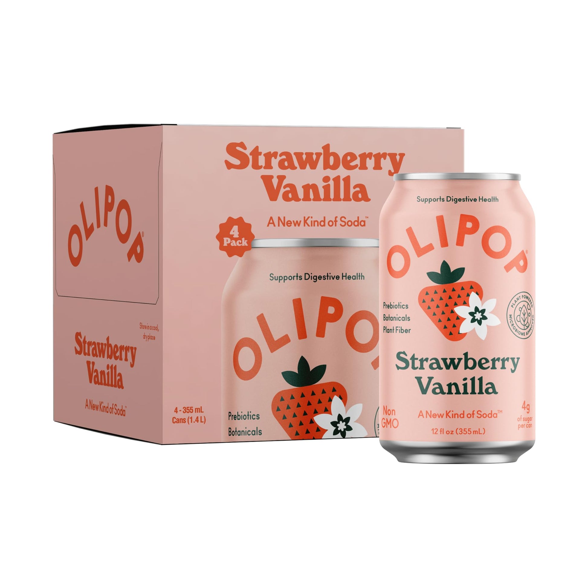 Buy now OLIPOP Prebiotic Soda Pop, Strawberry Vanilla, Prebiotics, Botanicals, Plant Fiber, 12 fl oz (4 Cans) at indiglob india
