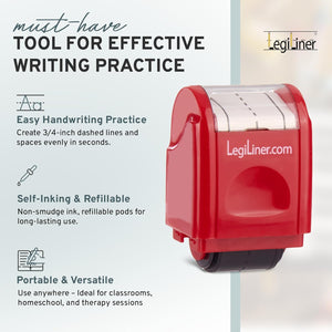 LEGILINER 3/4" Dashed Handwriting Line (RED) Teacher Stamp – Tri-Line Dashed Pattern. Classroom & Home Use. Refillable Ink Writing Practice Roller Stamp.