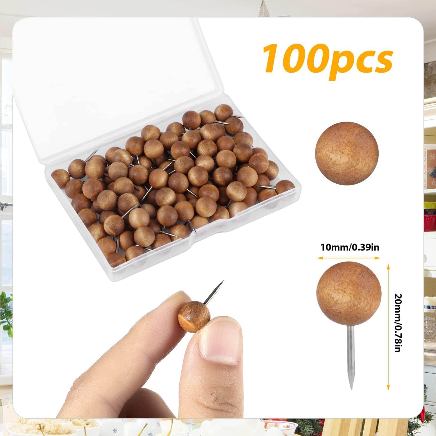 100pcs Wooden Push Pins, Natural Wood Push Pins Round Head Thumb Tacks for Cork Board Bulletin Board Map Wall Calendar Photo Office Supplies (Dark Brown) - My Store