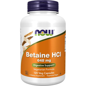 NOW Foods Supplements, Betaine HCl 648 mg, Vegetarian Formula, Digestive Support*, 120 Veg Capsules