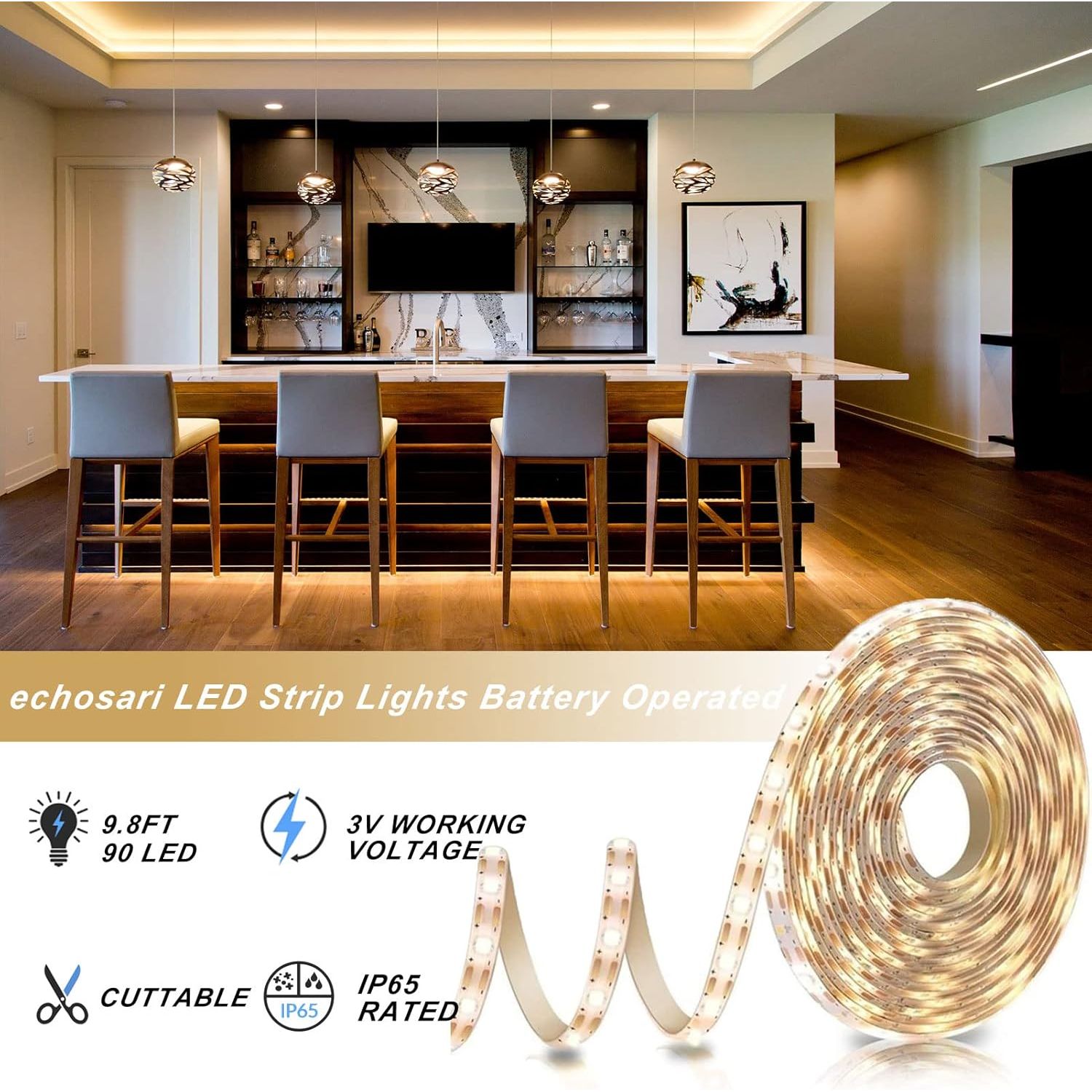 Buy now echosari Battery Powered Led Strip Lights with Remote Warm White, 8 Modes, Dimmable, Timer, Self-Adhesive, Cuttable, Waterproof, 9.8FT 90Led Strip Lights for TV Kitchen Cupboard Bedroom Decor at indiglob india
