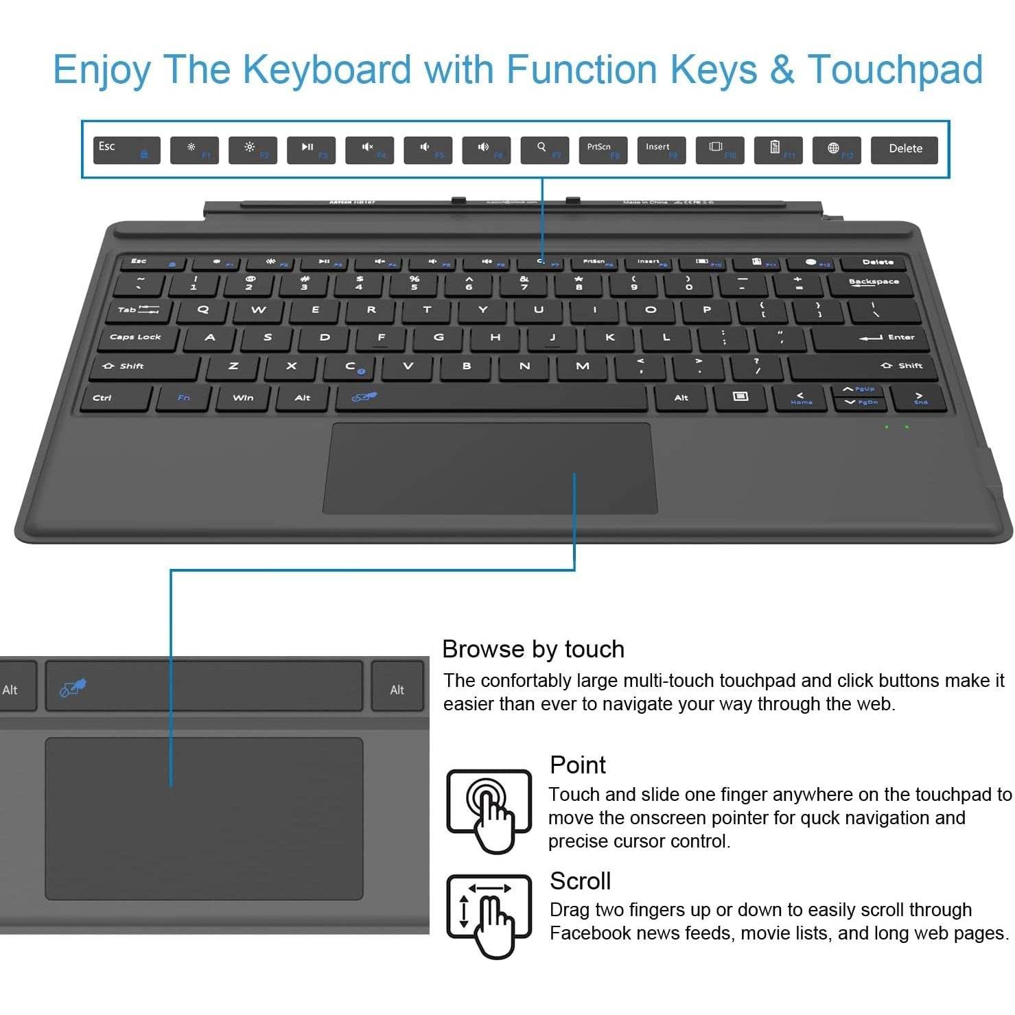 Arteck Microsoft Surface Pro Type Cover, Ultra-Slim Portable Bluetooth Wireless Keyboard with Touchpad Built-in Rechargeable Battery - My Store