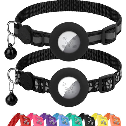 2 Pack Airtag Cat Collars, Reflective Cat Collar with Silicone Airtag Holder and Bell, Breakaway Cat Collars with Round Safety Buckle for Boy and Girl Cats, Adjustable for 7.5-12.5", Black