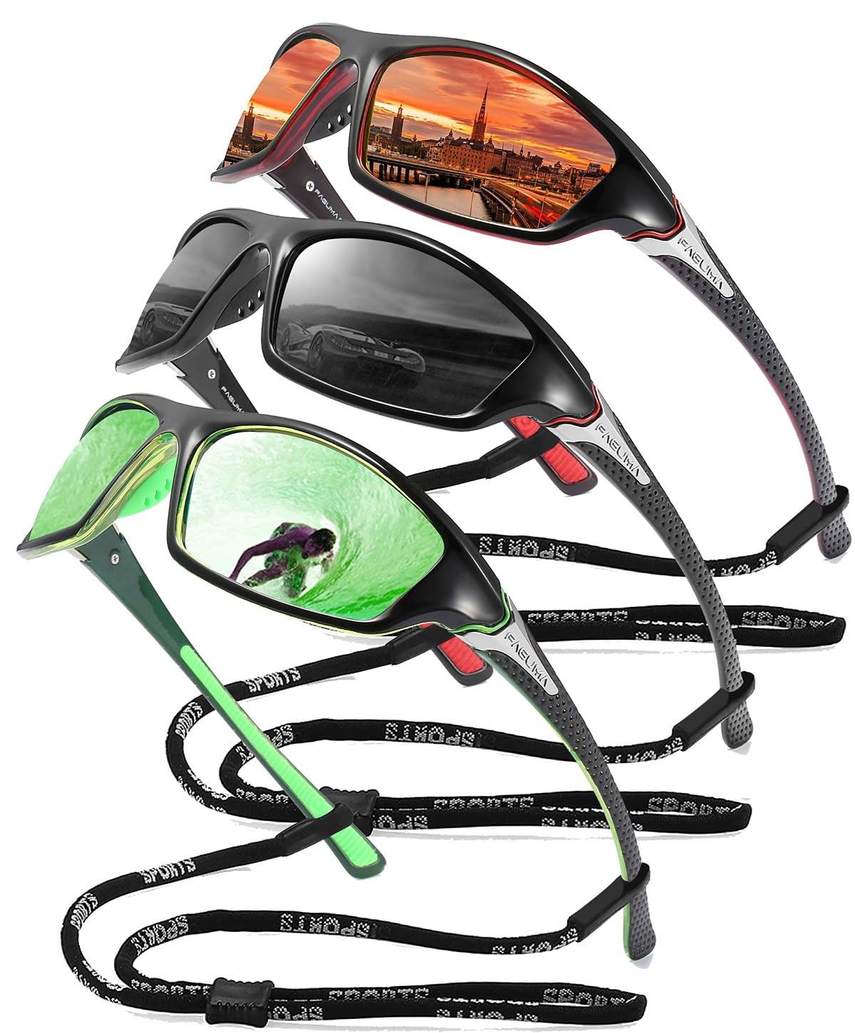 Buy now FAGUMA Sports Polarized Sunglasses For Men Cycling Driving Fishing UV400 Protection 03 Red+black+green(3 Pack) at indiglob india