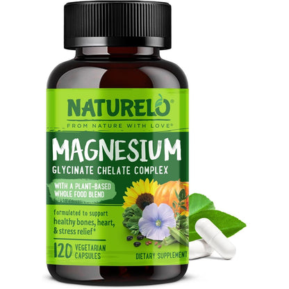 NATURELO Magnesium Glycinate Chelate Complex - 200 mg Magnesium with Organic Vegetables to Support Sleep, Calm, Muscle Cramp & Stress Relief - Gluten Free, Non GMO - 120 Capsules