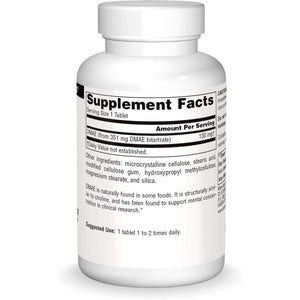Source Naturals DMAE, Dimethylaminoethanol Bitartrate - Supports Mental Concentration - 100 Tablets