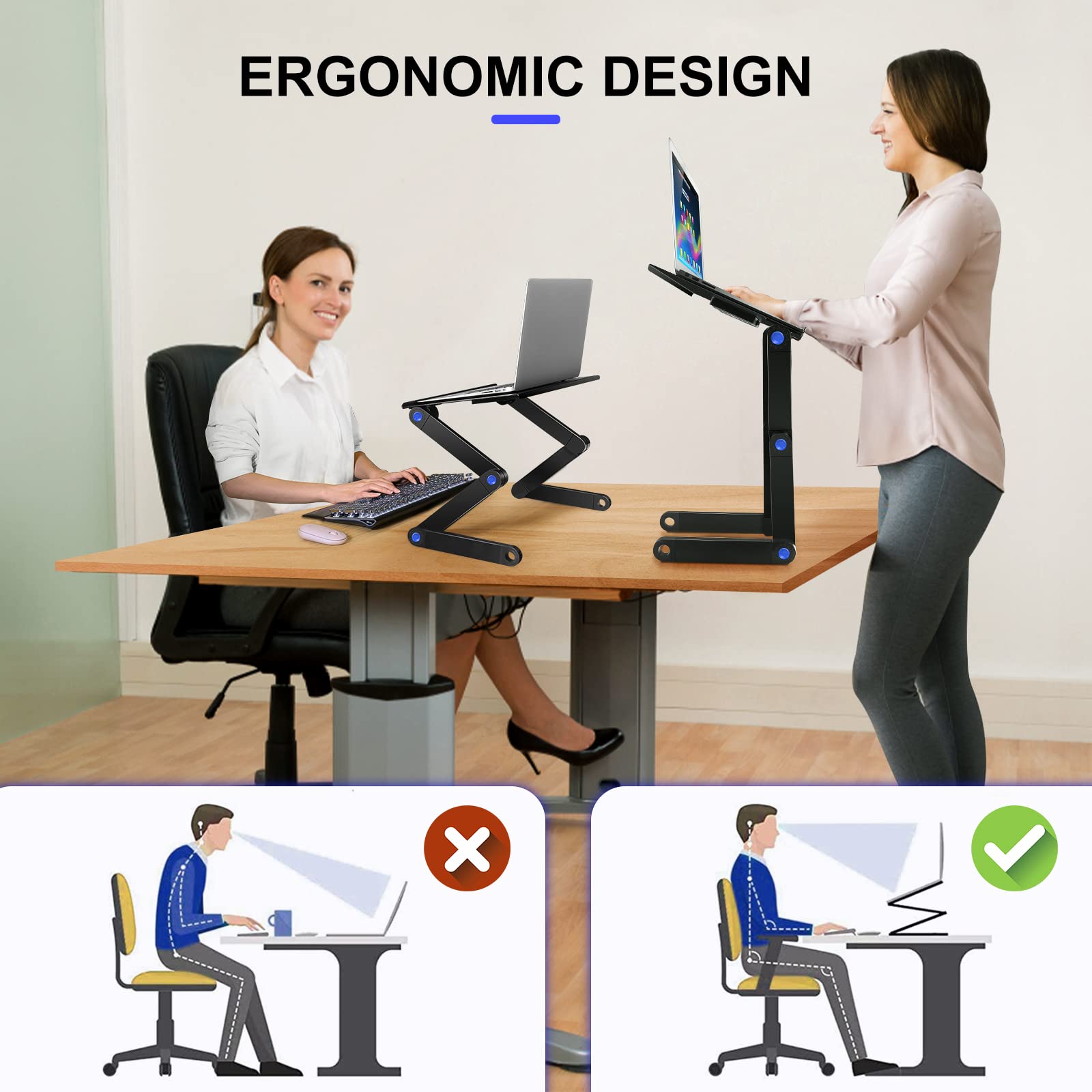 Buy now Adjustable Laptop Stand, Laptop Table Bed, Portable Lap Desk Foldable Table Workstation Notebook Riser Mouse Pad, Ergonomic Laptop Stand 2 CPU Cooling Fan, Best Gifts, Black laptop table at indiglob india