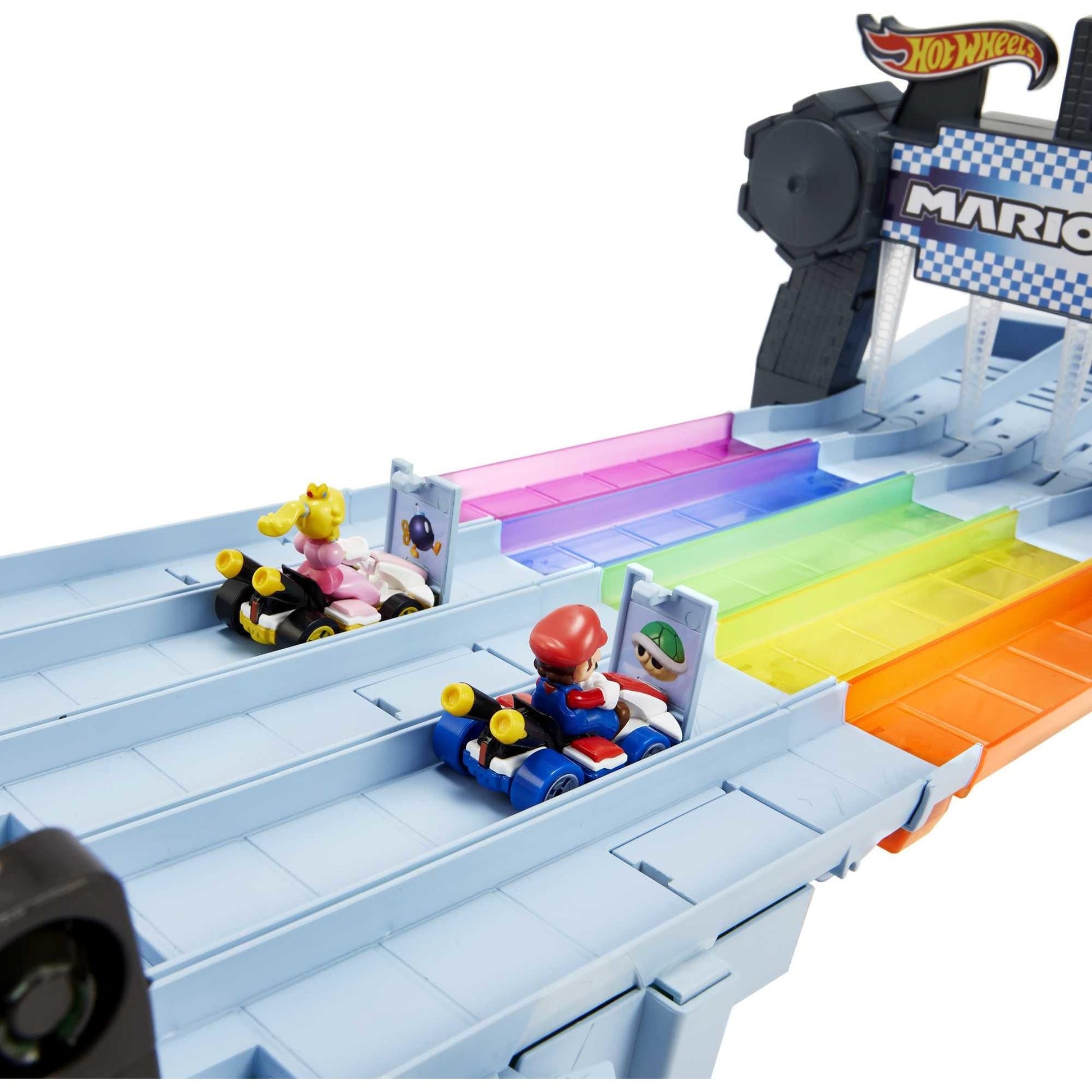 Buy now Hot Wheels Mario Kart Rainbow Road Raceway 8-Foot Track Set with Lights & Sounds & 2 1:64 Scale Vehicles, Race with 5-Track Colorful Course with 2 Configurations at indiglob india