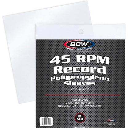 BCW 45 RPM Record Sleeves - 100 Count | Fits Standard 7 Inch Single 45s | Snug-Fit 2 Mil Polypropylene Outer Sleeves | Archival Plastic Covers for Vinyl Record Storage and Protection
